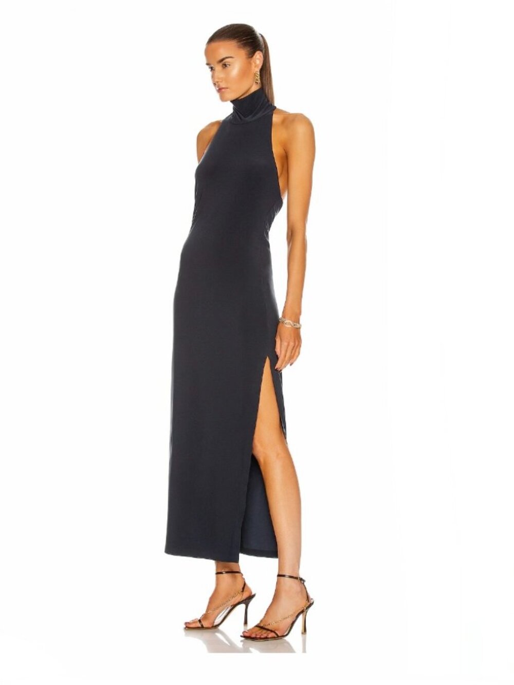 Norma Kamali Halter Gown Mock Neck Side Slit Maxi Dress Size M - Picture 2 of 7
